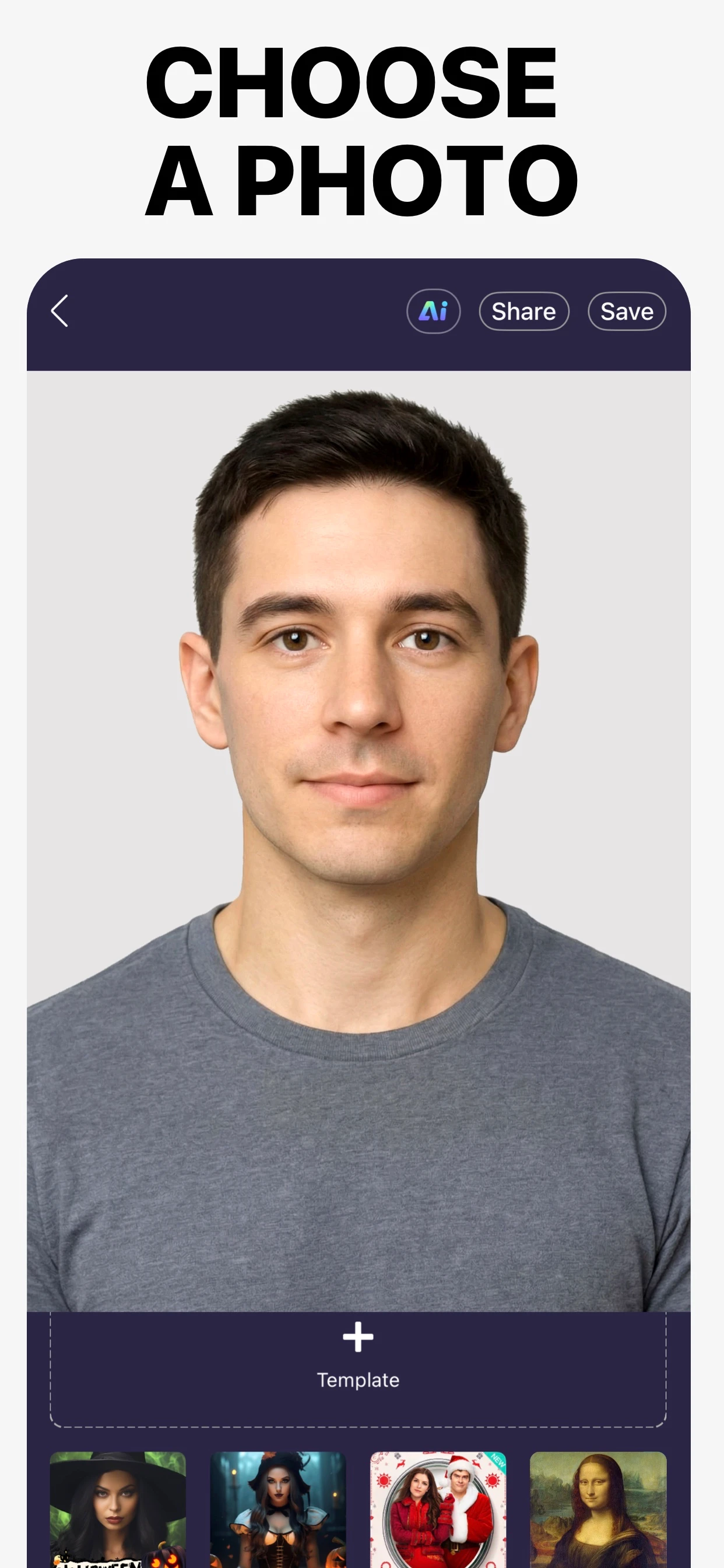 Current Face Swap App Store artwork showing a source portrait and the Template control
