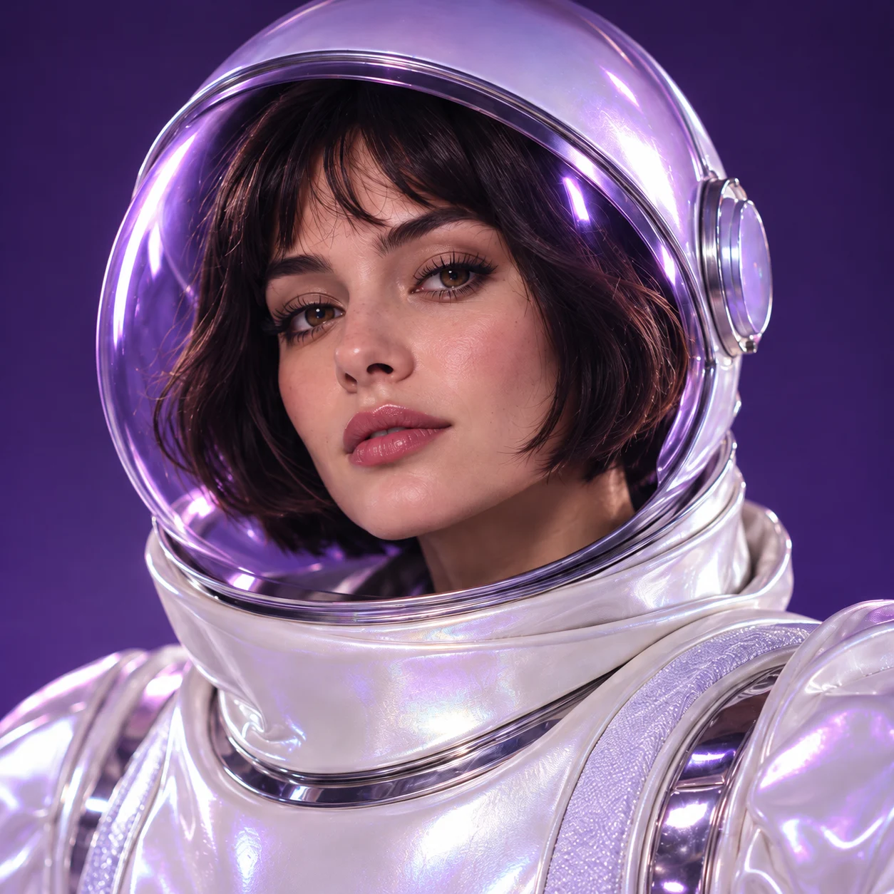 Fictional adult portrait in an iridescent violet space helmet